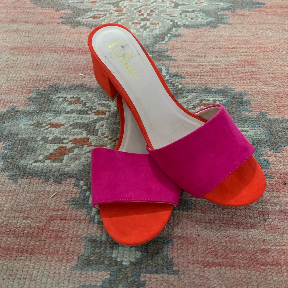 Lulus orange/hot pink suede slip on sandals
